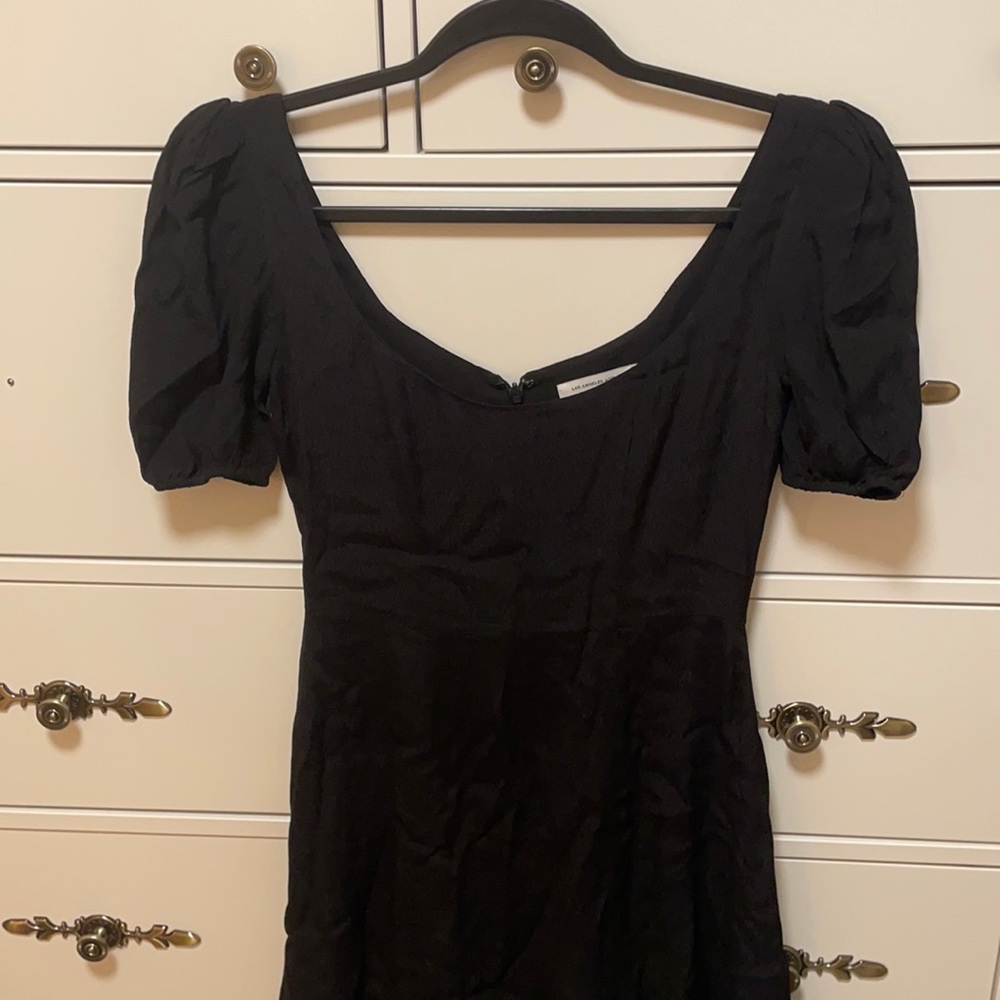 & other stories black mini dress puff sleeve scoop neck.